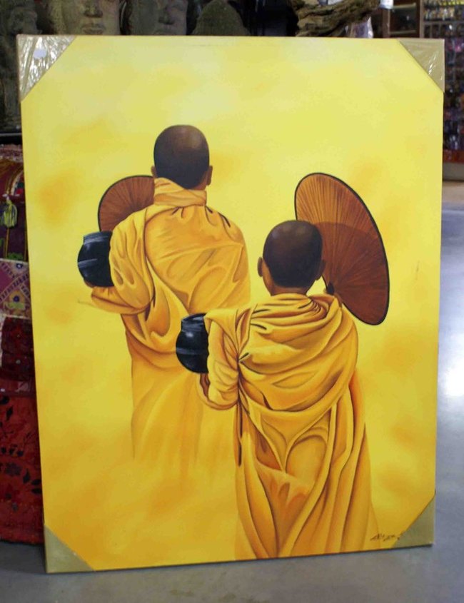 grand tableau peint de moines avec ombrelle