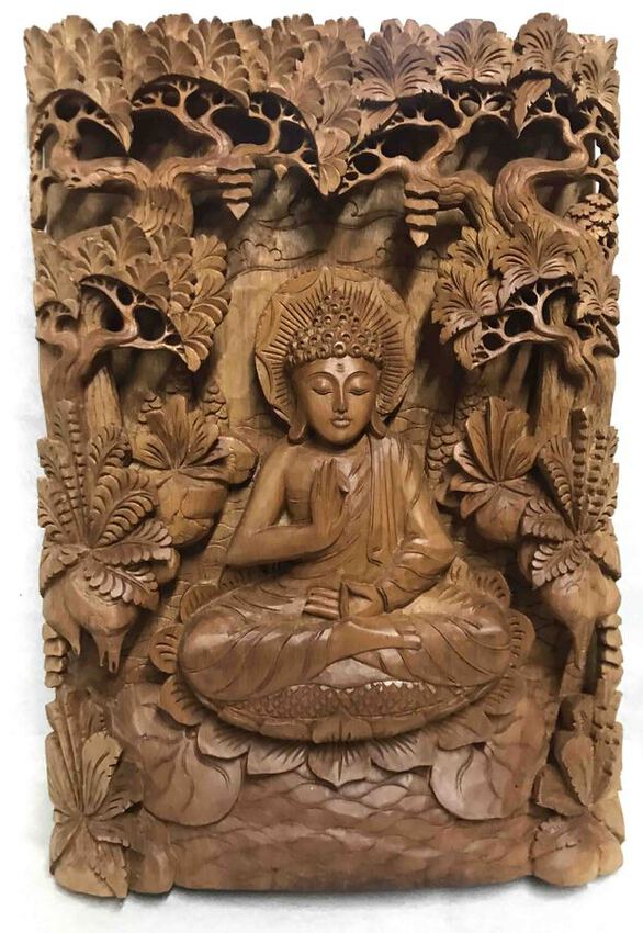 Cadre sculpté de Bouddha en bois de teck