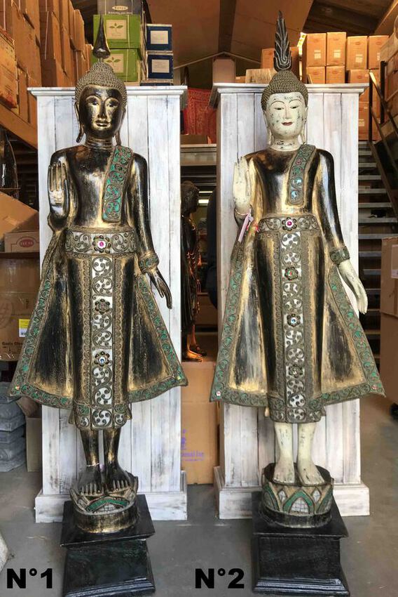Grande statue de Bouddha Thaï debout en bois doré