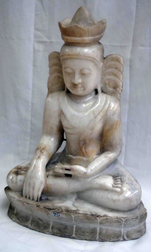 Ancienne statue de Bouddha assis sur une fleur de lotus en marbre blanc doré à l'or fin