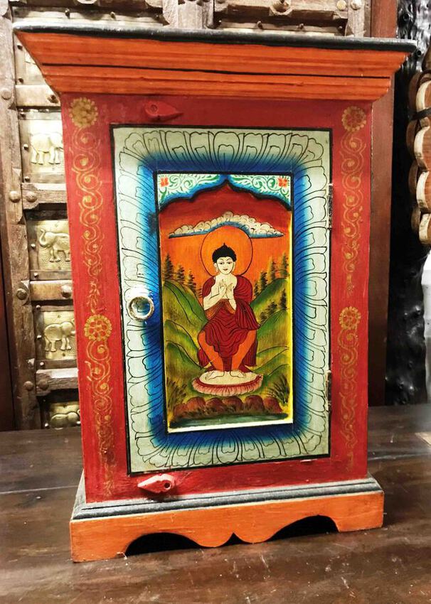 Petit meuble de rangement en bois peint de Bouddha