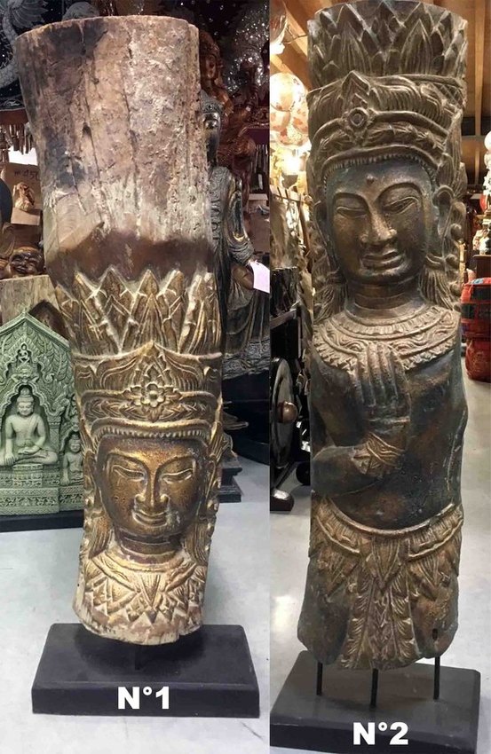 grand buste de Bouddha sculpté dans du bois de teck ancien