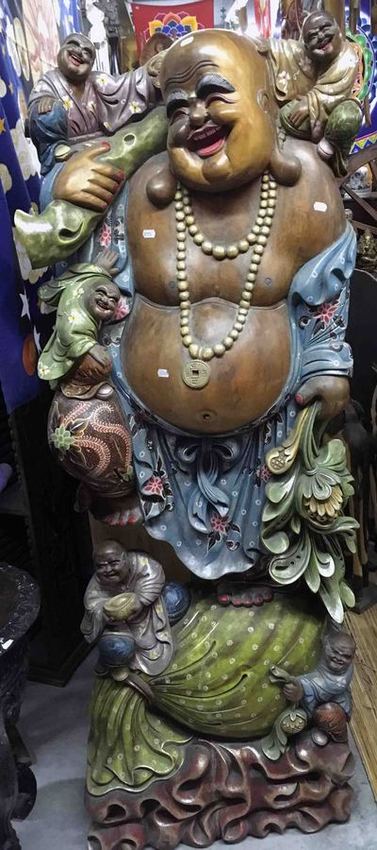 Grande statue de Bouddha rieur avec enfant sur son sac d'argent