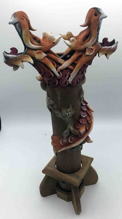 Grand porte encens dragon à 2 têtes en bois