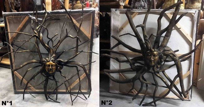 Grande sculpture d'un soleil en racine de caféier