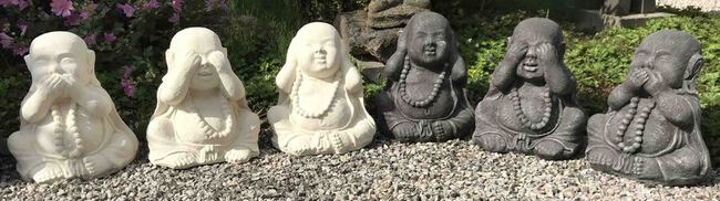 Statue de Bouddha de l'all&eacute;gorie des 3 singes en pierre