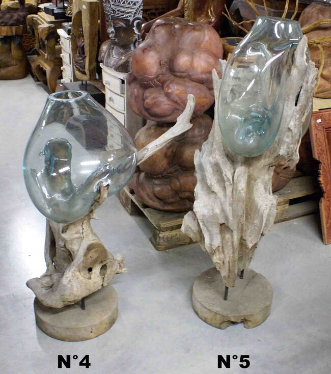 grand porte plante en verre et en bois de teck