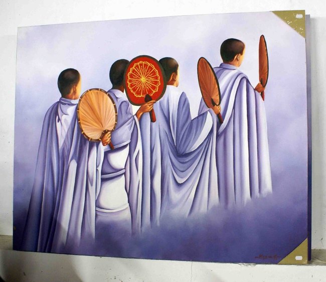 grand tableau peint de moine sur toile