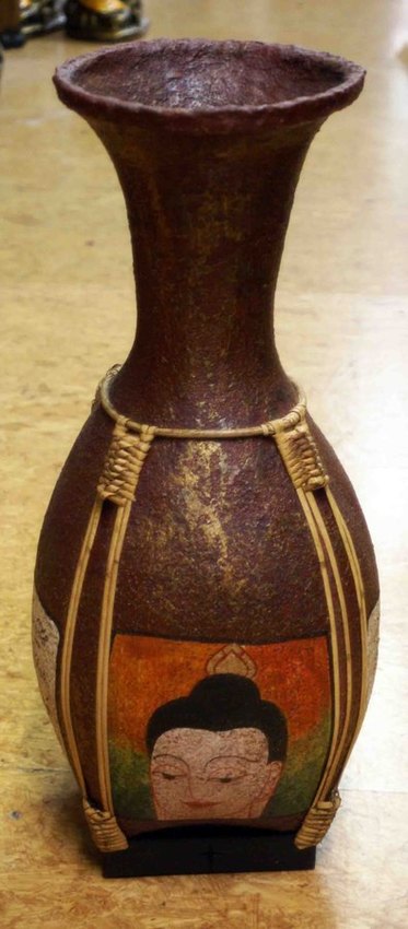 grand pot ou vase &agrave; riz en bois de bambou et rotin