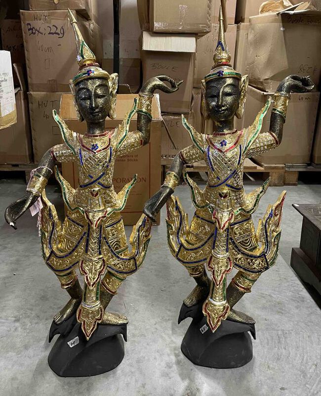 Couple de danseuse Tha&iuml;landaise en bois dor&eacute;e &agrave; l'or fin