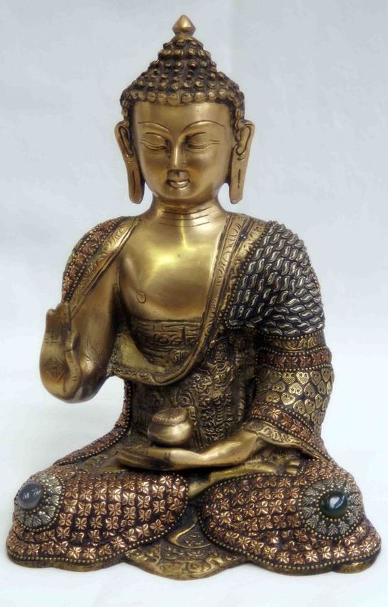 Grande statue de Bouddha en bronze incrust&eacute;e de pierres semi-pr&eacute;cieuses